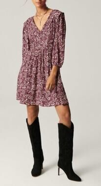 NWT ba&sh Printed Long Sleeve Mini Dress Burgundy Cream Size Medium